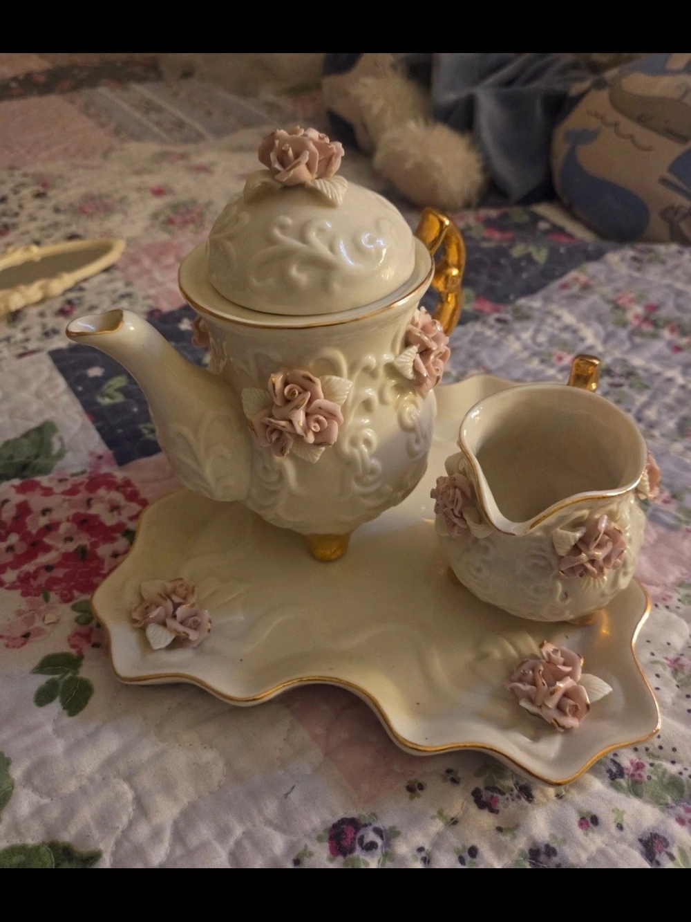 Crackle Barrel Porcelain Cream Tea Set with Pink Floral Appliqués and Gold Trim